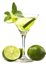Refreshing lime cocktail in martini glass with mint garnish against a clean white background creating a vibrant and inviting visual perfect for summer promotions