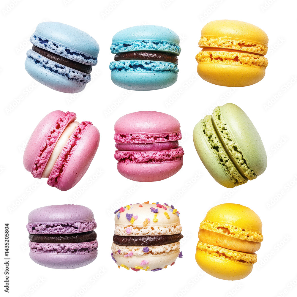 Poster colorful macarons displayed in a visually appealing arrangement on a clean transparent background, c