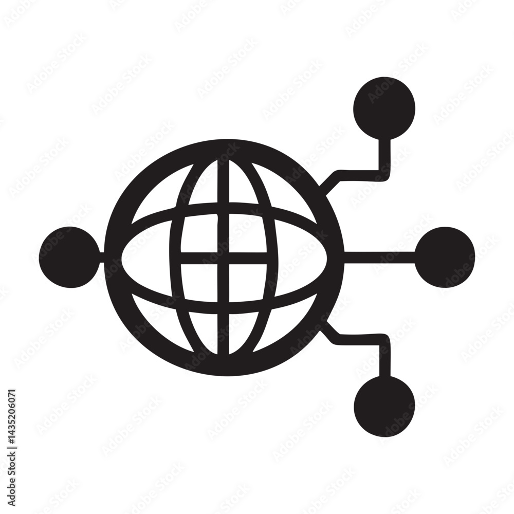 Poster clean line-style internet icon with globe and connection nodes on transparent background