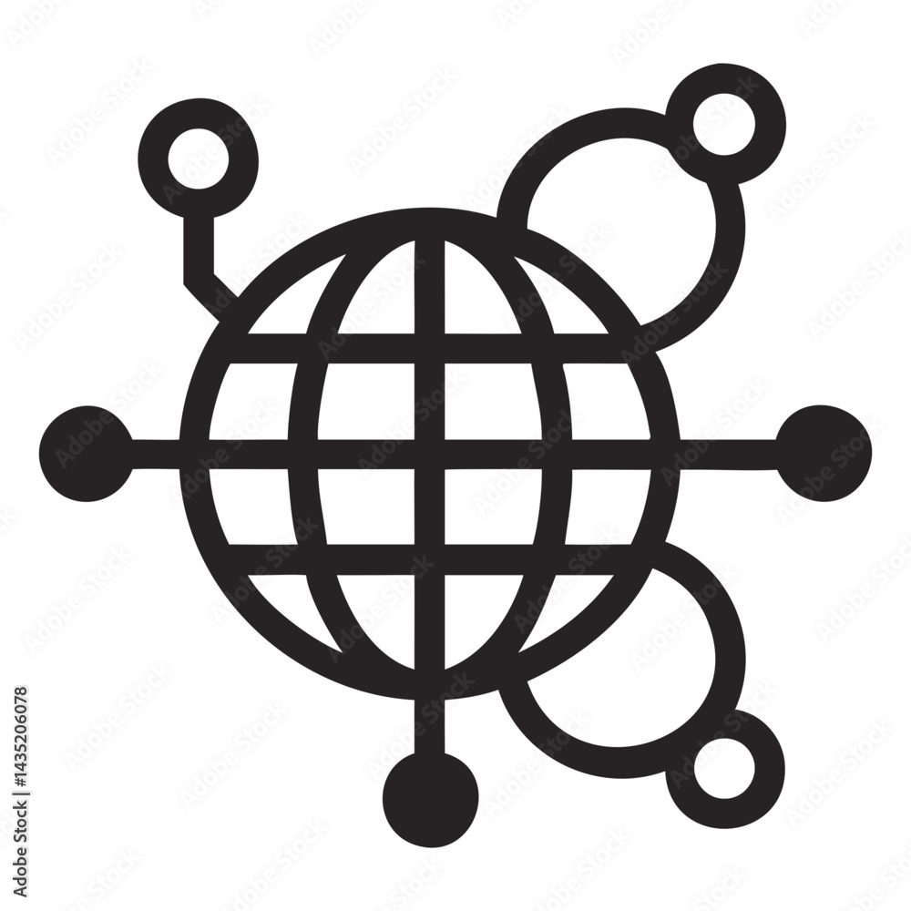 Poster clean line-style internet icon with globe and connection nodes on transparent background