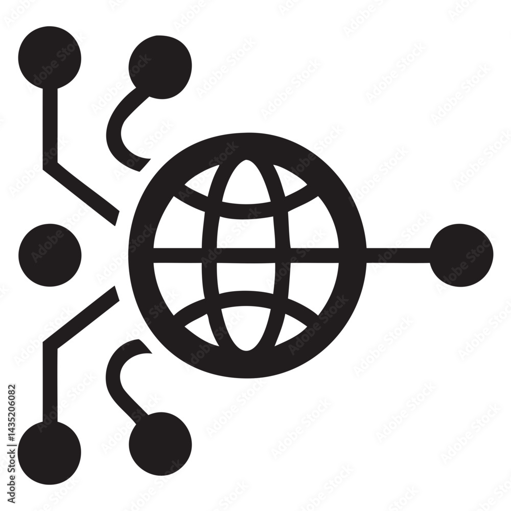 Poster clean line-style internet icon with globe and connection nodes on transparent background