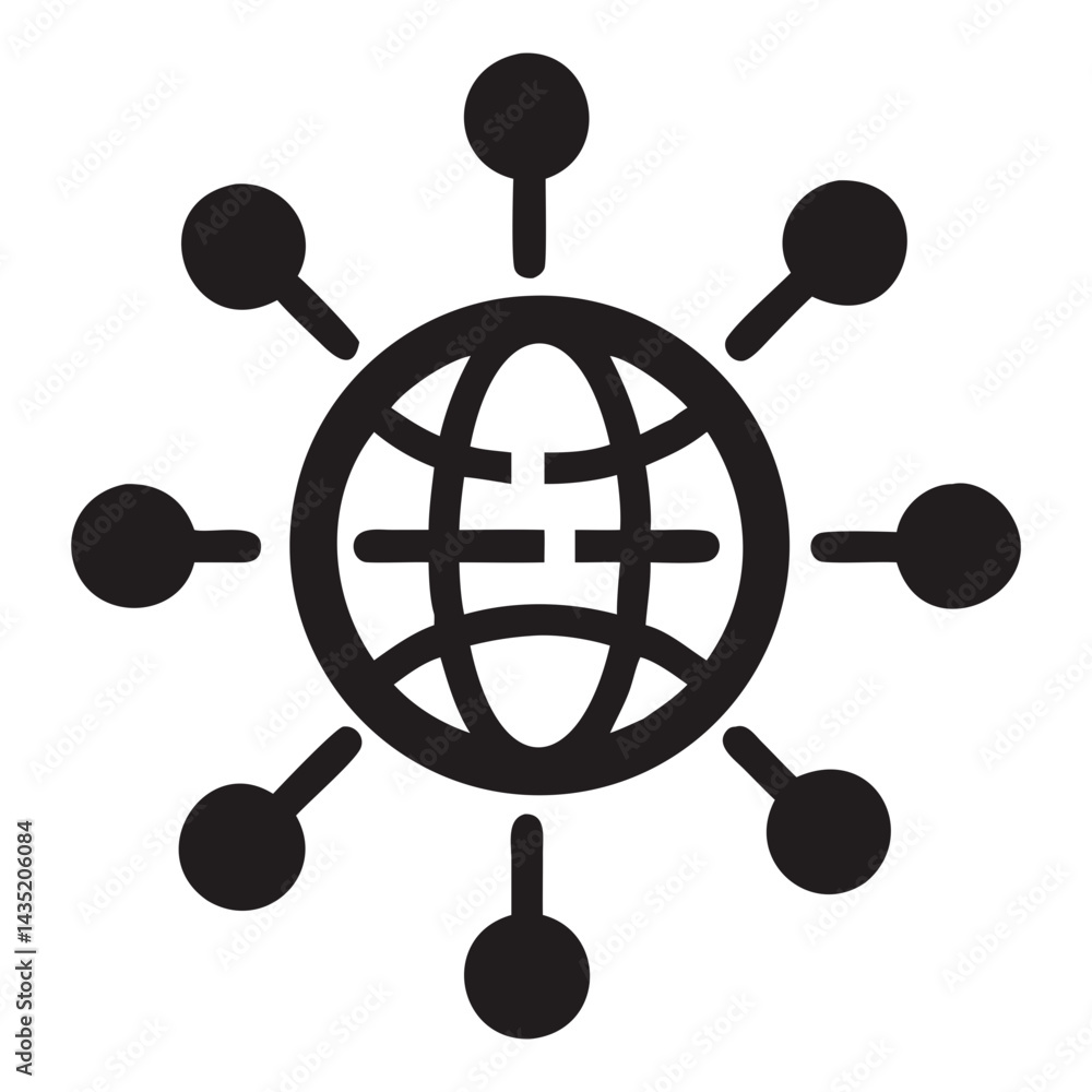Poster clean line-style internet icon with globe and connection nodes on transparent background