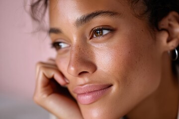 A close-up portrait capturing natural beauty with soft lighting and gentle expressions, highlighting smooth skin and charming freckles for an intimate, personal touch.