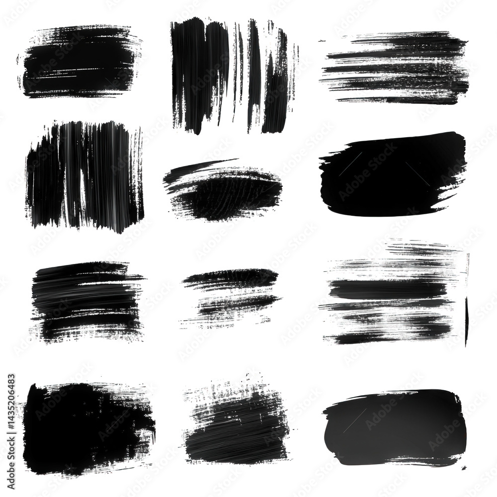 Poster collection of black brush strokes in various styles and shapes. arranged in a grid format the stroke