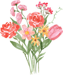 Obraz premium Watercolor Bouquet with Red Roses, Tulip, and leaves arrangement, suited for postcard, invitation design.