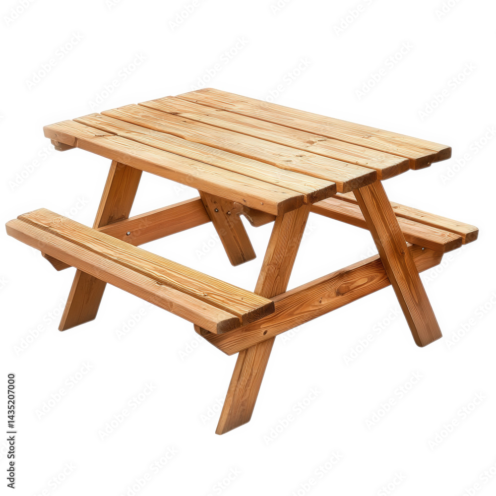 Poster a wooden picnic table. designed for outdoor dining and leisure activities it features a classic desi