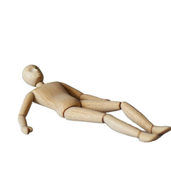 Miniature wooden mannequin lying down on a smooth surface in a calm environment, Miniature wooden mannequin lying down