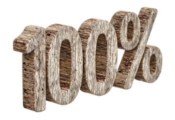Wooden 100 percent symbol in 3d design, isolated on transparent cutout background