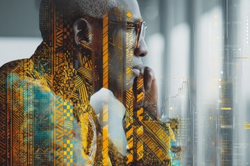 Thoughtful African American businessman in glasses looking away. Double exposure