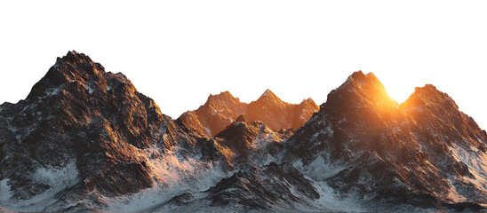Picturesque mountains with sun rising behind peaks, isolated on transparent cutout background