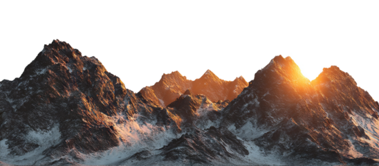 Picturesque mountains with sun rising behind peaks, isolated on transparent cutout background