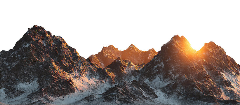 Picturesque mountains with sun rising behind peaks, isolated on transparent cutout background
