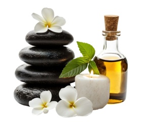 Set of spa stones, flowers, candle, and essential oil bottle, isolated on transparent cutout background