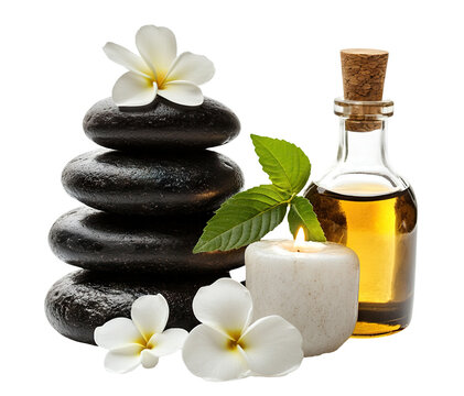 Set of spa stones, flowers, candle, and essential oil bottle, isolated on transparent cutout background