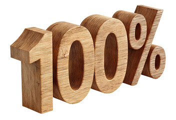 Wooden 100 percent symbol in 3d design, isolated on transparent cutout background
