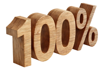 Wooden 100 percent symbol in 3d design, isolated on transparent cutout background