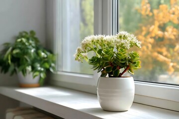 Indoor Plant on Window Sill with Autumnal Background
