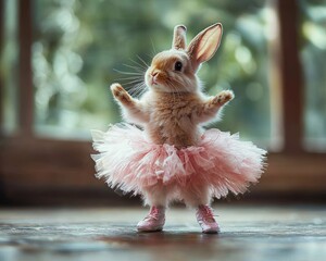 Adorable bunny in a pink tutu and shoes dancing joyfully in a sunlit room