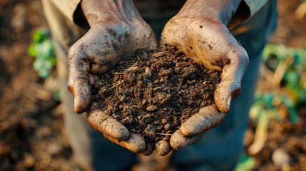 With weathered hands, a hardworking African farmer proudly displays the rich, fertile soil essential for cultivating crops and sustaining his agricultural livelihood.