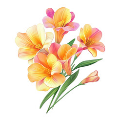 vibrant bouquet of flowers in shades of orange and pink. showcasing their delicate petals and green leaves. arranged artistically against a white background this design is suitable for decorative purp