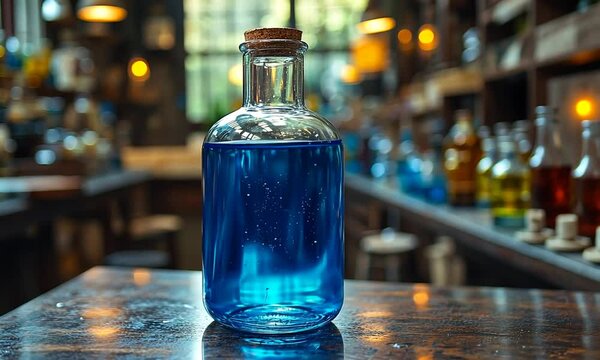 A blue potion bottle sits on a wooden table in a rustic laboratory filled with colorful liquids