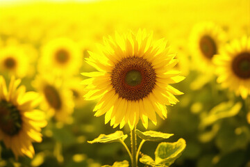 Obraz premium field of sunflowers with the sun shining in the background