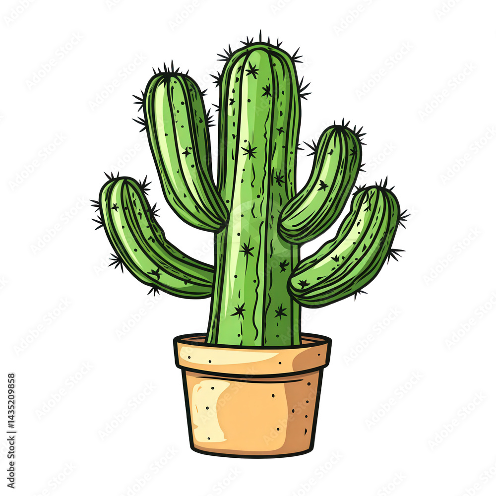 Poster a stylized green cactus with multiple arms. sitting in a simple terracotta pot the cactus features s
