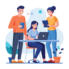 man sitting at his desk working on laptop, with woman standing near him holding phone, designed in flat style vector 
