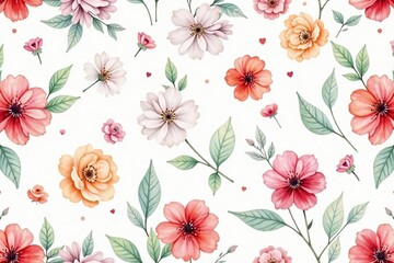 Delicate watercolor floral pattern; soft, continuous repeating design, pastel, bloom, elegant