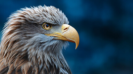 Naklejka premium Majestic eagle portrait showcasing intricate feather details against a blurred blue background