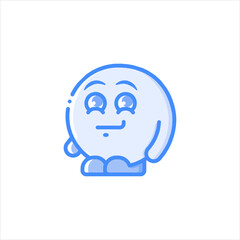 Cute blue ghost character smiling innocently on white surface, conveying a playful and friendly mood.