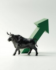 A bull standing beside a large green arrow pointing skyward, symbolizing unstoppable bullish momentum and market optimism.