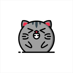 Cute gray cat smiling with closed eyes and whiskers in a simple cartoon style, expressing joy and happiness on white background.