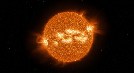 Glowing Sun Surface with Solar Flare Activity in Space