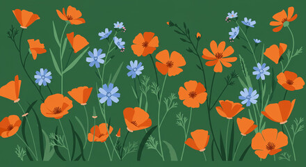 Naklejka premium Vibrant Orange Poppies and Blue Flowers Meadow Illustration