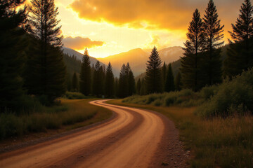 Obraz premium dirt road in the middle of a forest at sunset