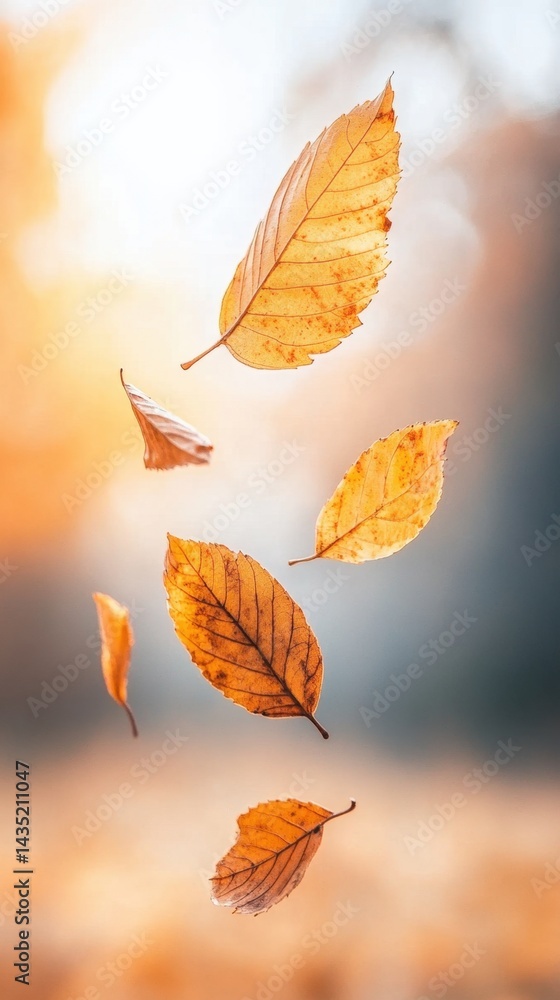 Poster autumnal cascade of golden leaves falling gracefully in a serene and dreamy atmosphere with soft bok