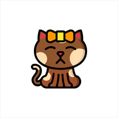 Cute brown kitten with yellow bow sits patiently on white surface, looking sleepy and adorable in a simple cartoon style.