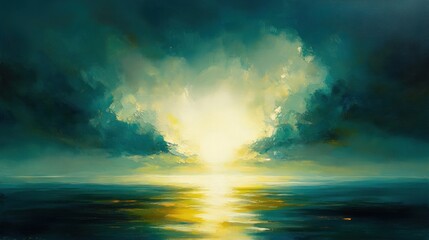 A vibrant sunset over a tranquil ocean horizon.