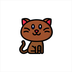 Cute brown cat sitting patiently on white surface with happy expression, creating a simple and charming cartoon image for children's content.