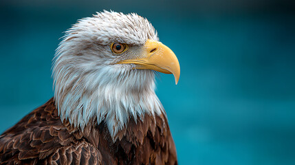 Obraz premium Majestic bald eagle perched gracefully, showcasing its striking features against a serene blue background
