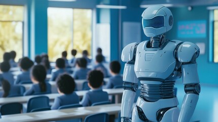 The Future of Education: A futuristic robot teacher stands before a classroom of attentive students, imparting knowledge and igniting curiosity in a world where technology meets learning.