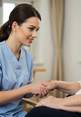 Fototapeta premium Caregiver Holding Elderly Person's Hand with Compassion in Indoor Setting