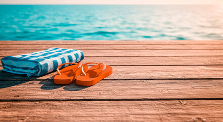 Tranquil yellow flip flops on a sunlit wooden dock, capturing a tropical beach setting with vibrant turquoise water for a relaxing vacation scene