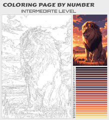 Sunset Lion Coloring Page by Number   Serene Wildlife Scene   Intermediate Level Printable © OecupSaudagar