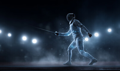 impressive fencer with his swords in a stadium with shining spot lights