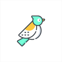 Stylized bird perches peacefully, showcasing vibrant turquoise and yellow plumage against a clean white backdrop, evoking a sense of tranquility and natural beauty.