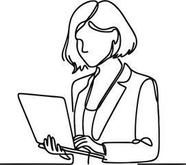 Minimalist One Line Drawing of Woman Using Laptop-A simple continuous line art of a woman working on a laptop, symbolizing technology and productivity. Minimalist style on a white background.