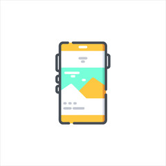 Smartphone displaying a minimalist landscape app interface with mountains and sky, showcasing modern technology and clean user experience.