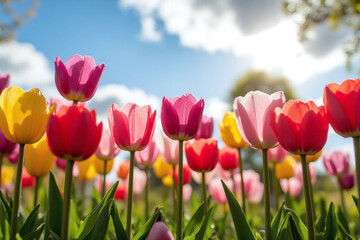 field of colorful tulips with the sun shining through them1